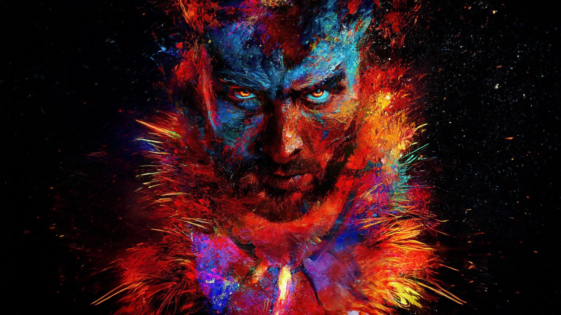 Vivid 4K Ultra HD PC wallpaper featuring a fierce, colorful portrait of Kraven the Hunter from the 2024 film, blending bold reds, blues, and fiery orange hues.