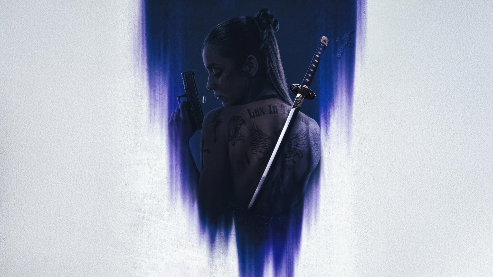 Silhouetted figure holding a gun with a katana on their back, set against a dark, abstract background—Ballerina (2025) 4K Ultra HD PC desktop wallpaper.