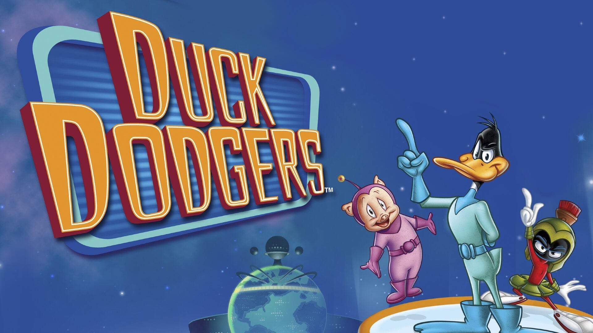 HD PC desktop wallpaper featuring Duck Dodgers and his colorful animated companions against a cosmic backdrop.