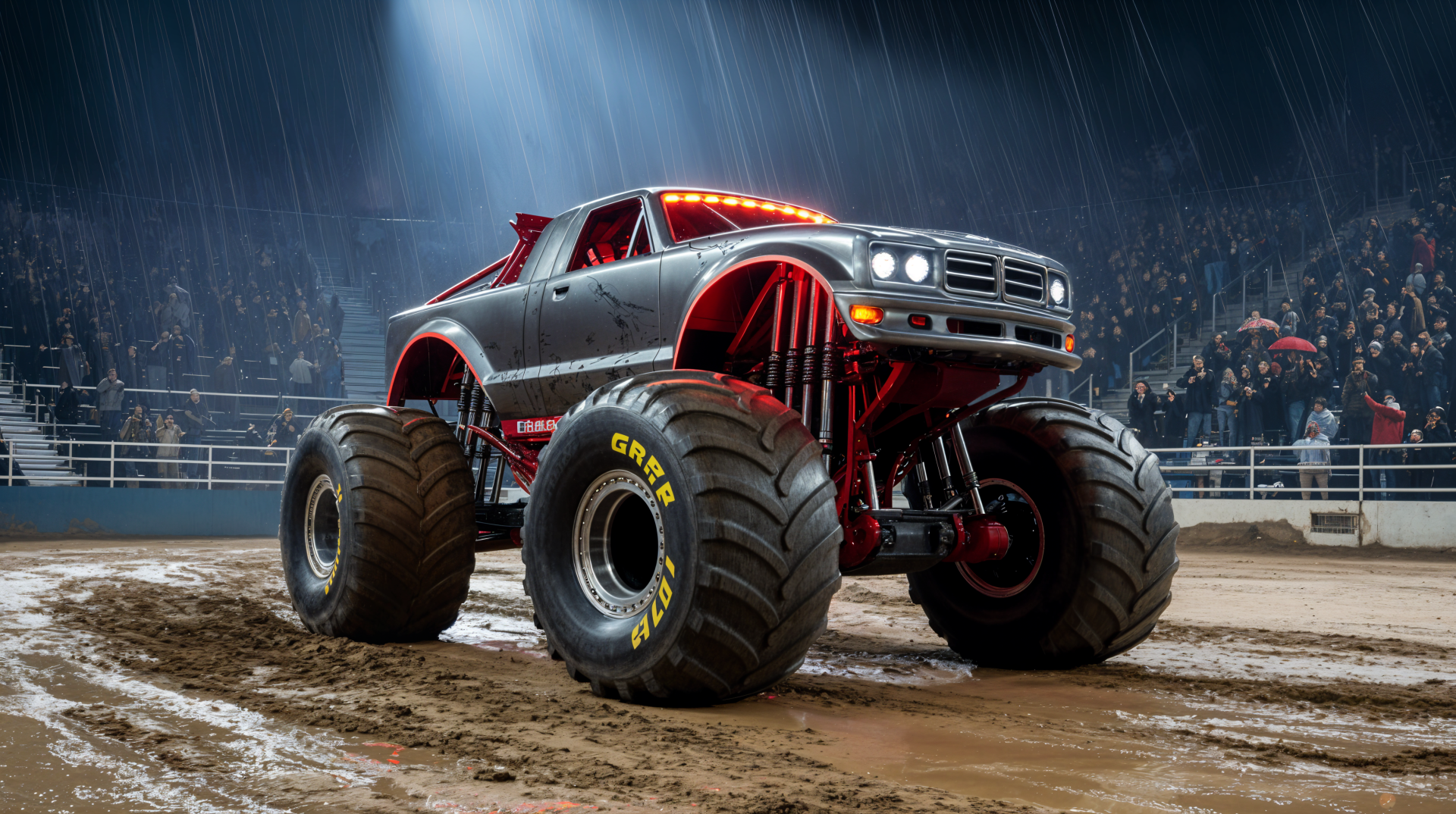 4K Ultra HD PC desktop wallpaper and background: red-and-silver monster truck with giant tires tearing through a muddy arena under dramatic stadium lights.