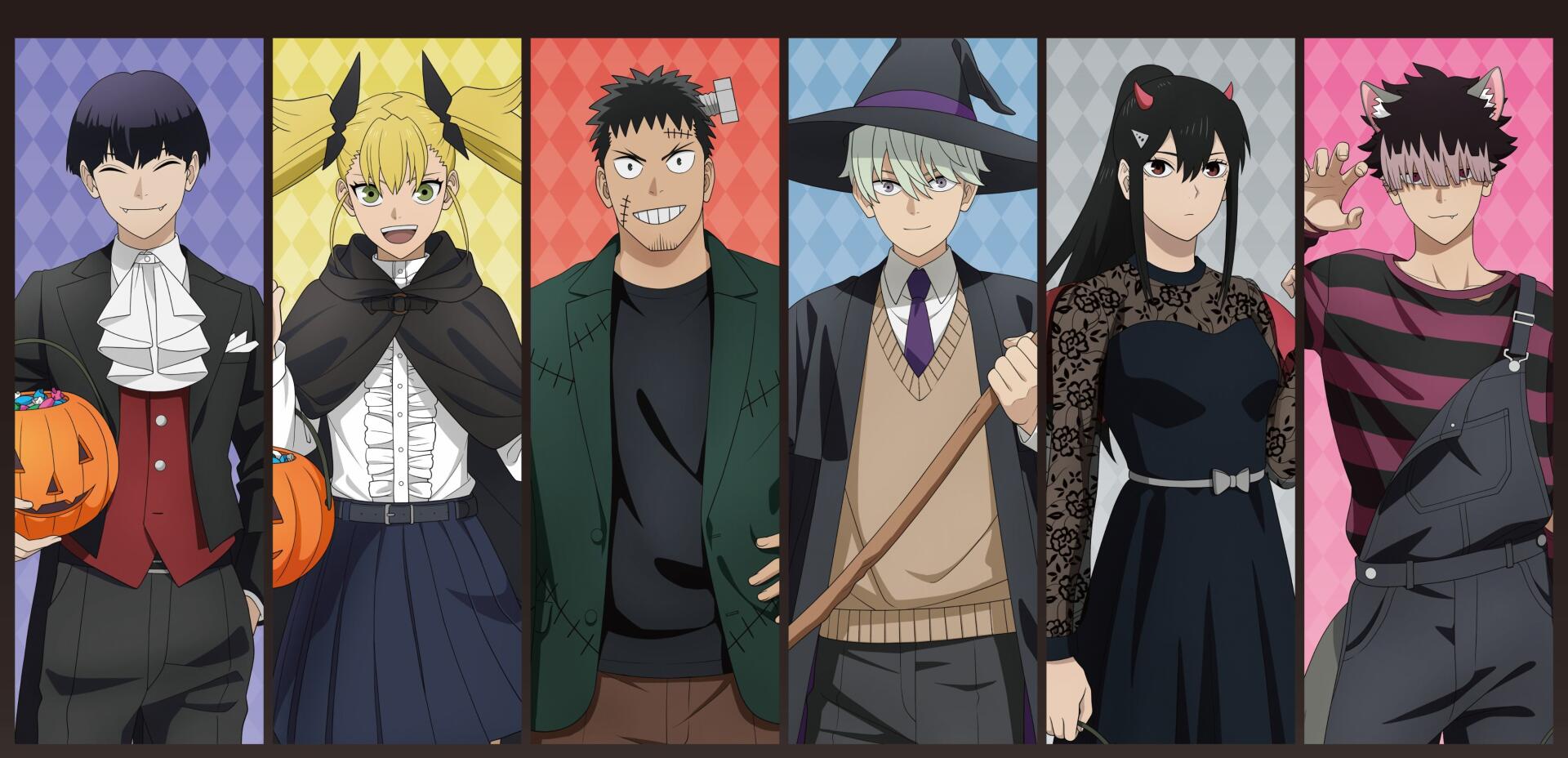 HD PC desktop wallpaper/background of Kaiju No. 8 anime: main characters in colorful vertical panels, dressed in playful costumes and formal wear, posed against patterned backdrops.