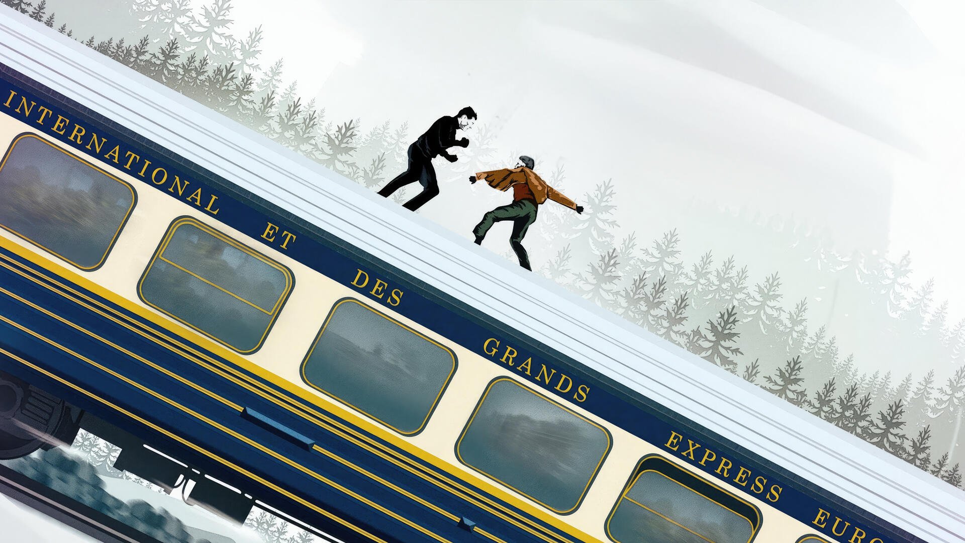 Mission: Impossible - Dead Reckoning Part One 4K Ultra HD PC desktop wallpaper: two figures battling atop a speeding train through snowy pine woods.