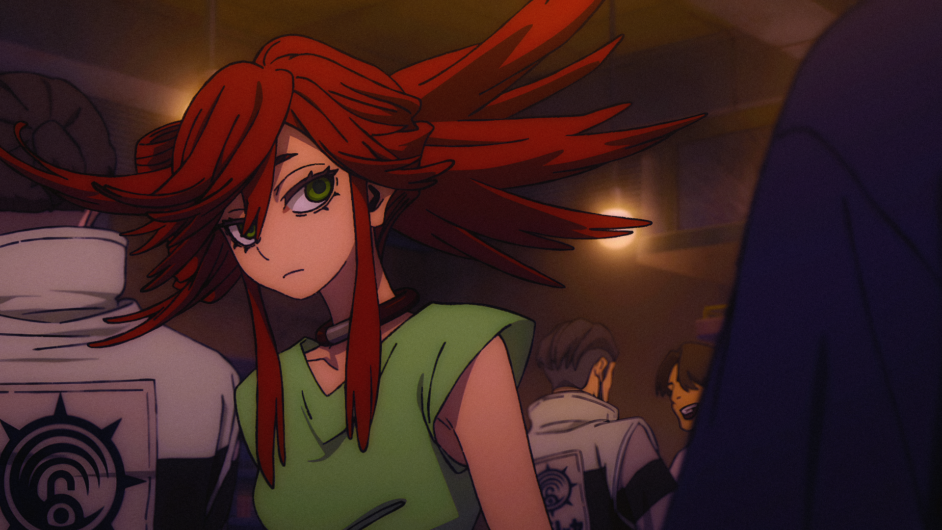 Anime Gachiakuta Riyou Reaper 4K Ultra HD PC desktop wallpaper: red‑haired, green‑eyed character with wind‑swept hair and a determined gaze amid a dim, crowded corridor.