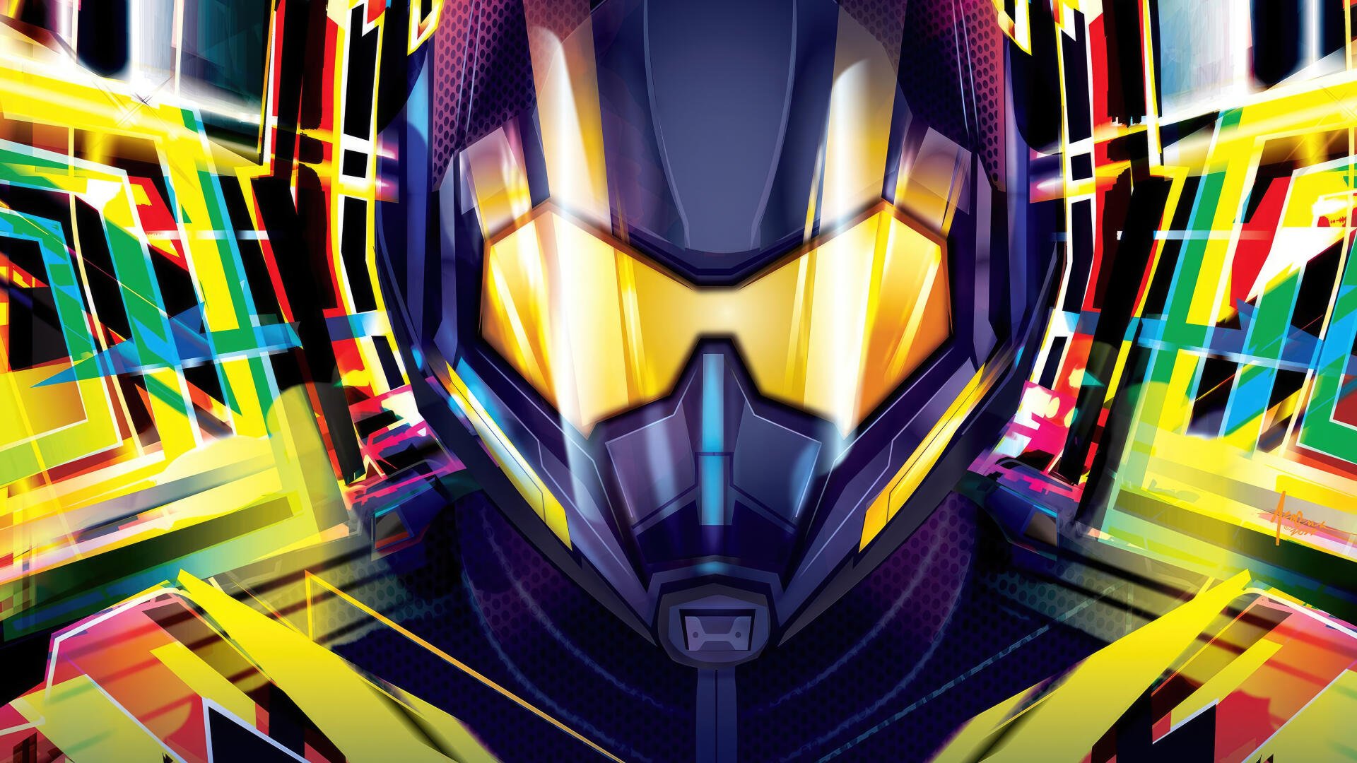 Neon close-up of Ant‑Man helmet with glowing yellow visor amid vibrant fractured light, Ant-Man and the Wasp Quantumania (2023) 4K Ultra HD PC desktop wallpaper background