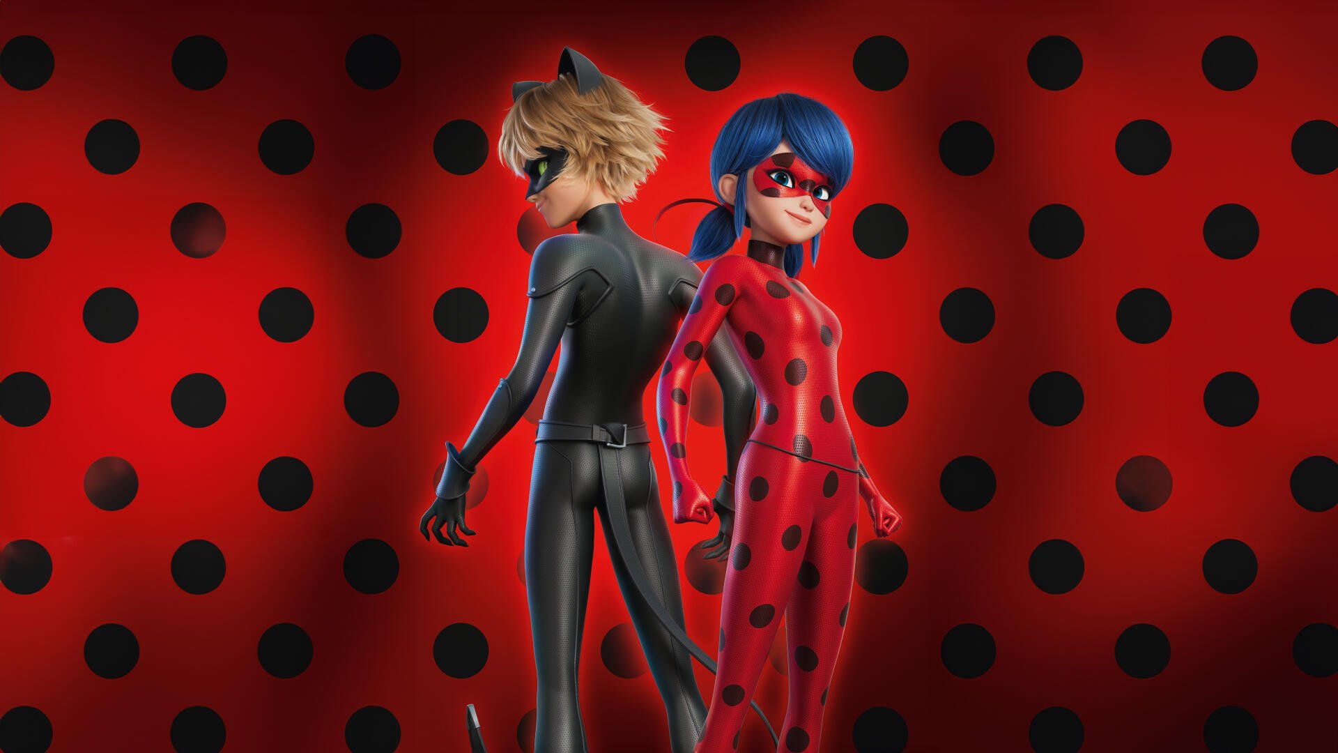 4K Ultra HD PC desktop wallpaper for Miraculous: Ladybug & Cat Noir, The Movie — Ladybug and Cat Noir stand back-to-back on a red polka-dot background.