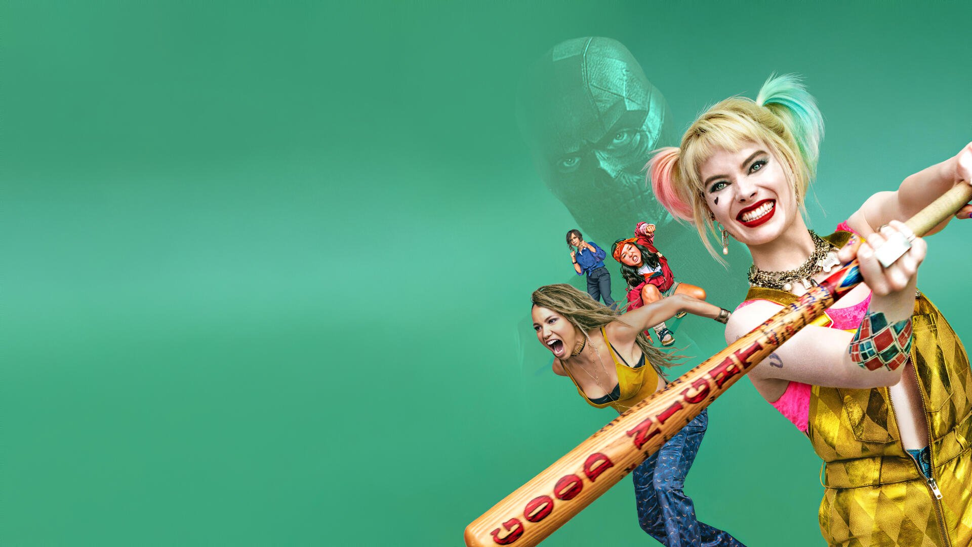 Birds of Prey 4K Ultra HD PC desktop wallpaper: Harley Quinn and her crew burst from a teal backdrop, neon costumes, grinning with a painted baseball bat.
