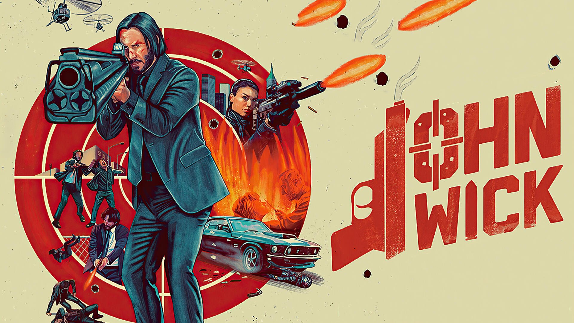 HD PC desktop wallpaper background for John Wick: Chapter 3 – Parabellum: stylized action collage of a gun-wielding assassin, explosions, vintage car and bold title logo.