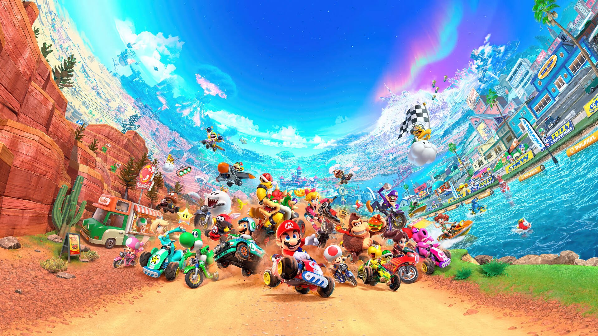 Vibrant Mario Kart world race: Mario and colorful racers speed along a sunlit seaside track beneath a bright blue sky — 4K Ultra HD PC desktop wallpaper/background.
