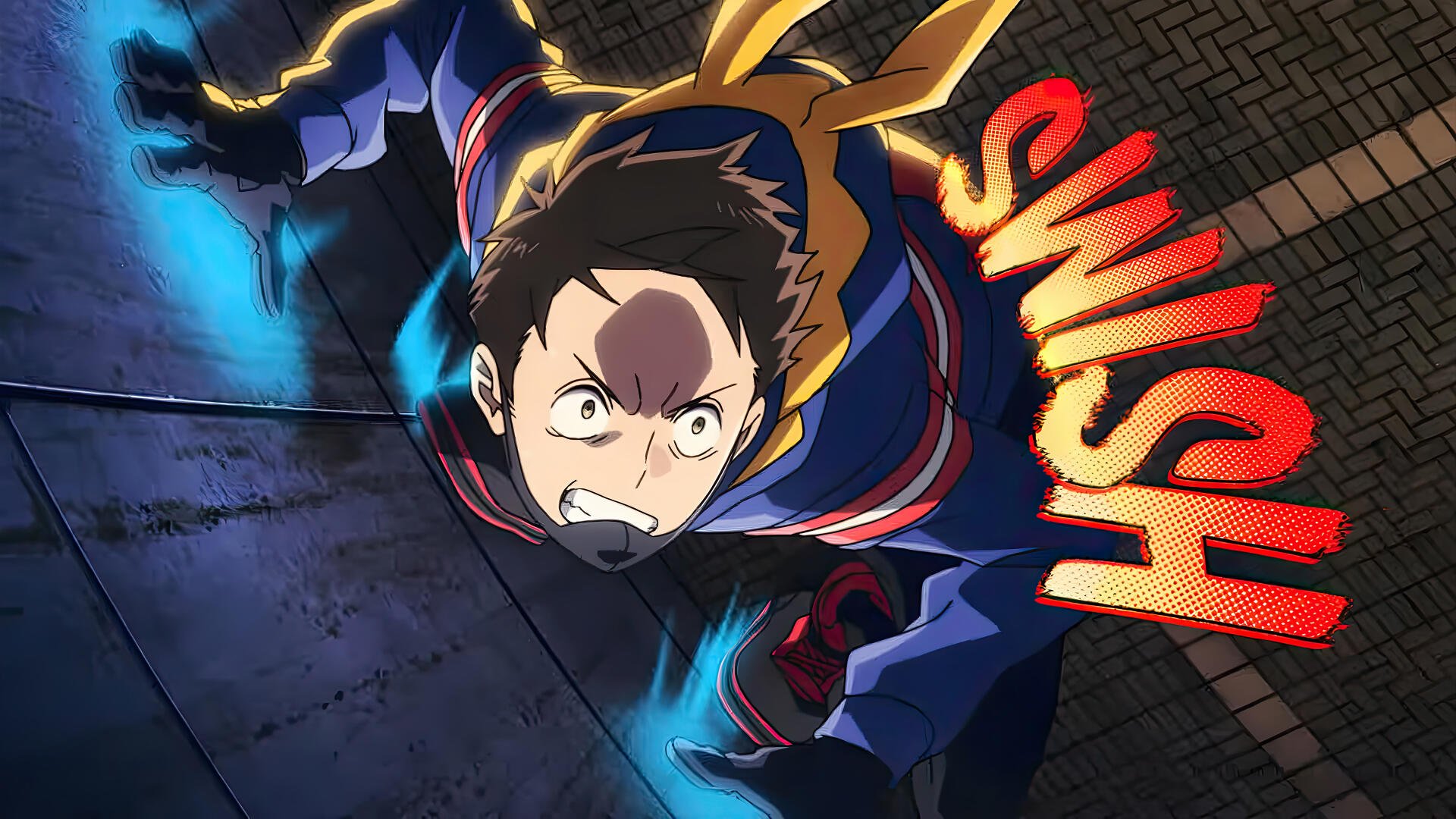 My Hero Academia: Vigilantes 4K Ultra HD PC desktop wallpaper — a determined vigilante hero lunges toward the viewer with crackling blue energy and a bold red SWISH over a nighttime city wall.