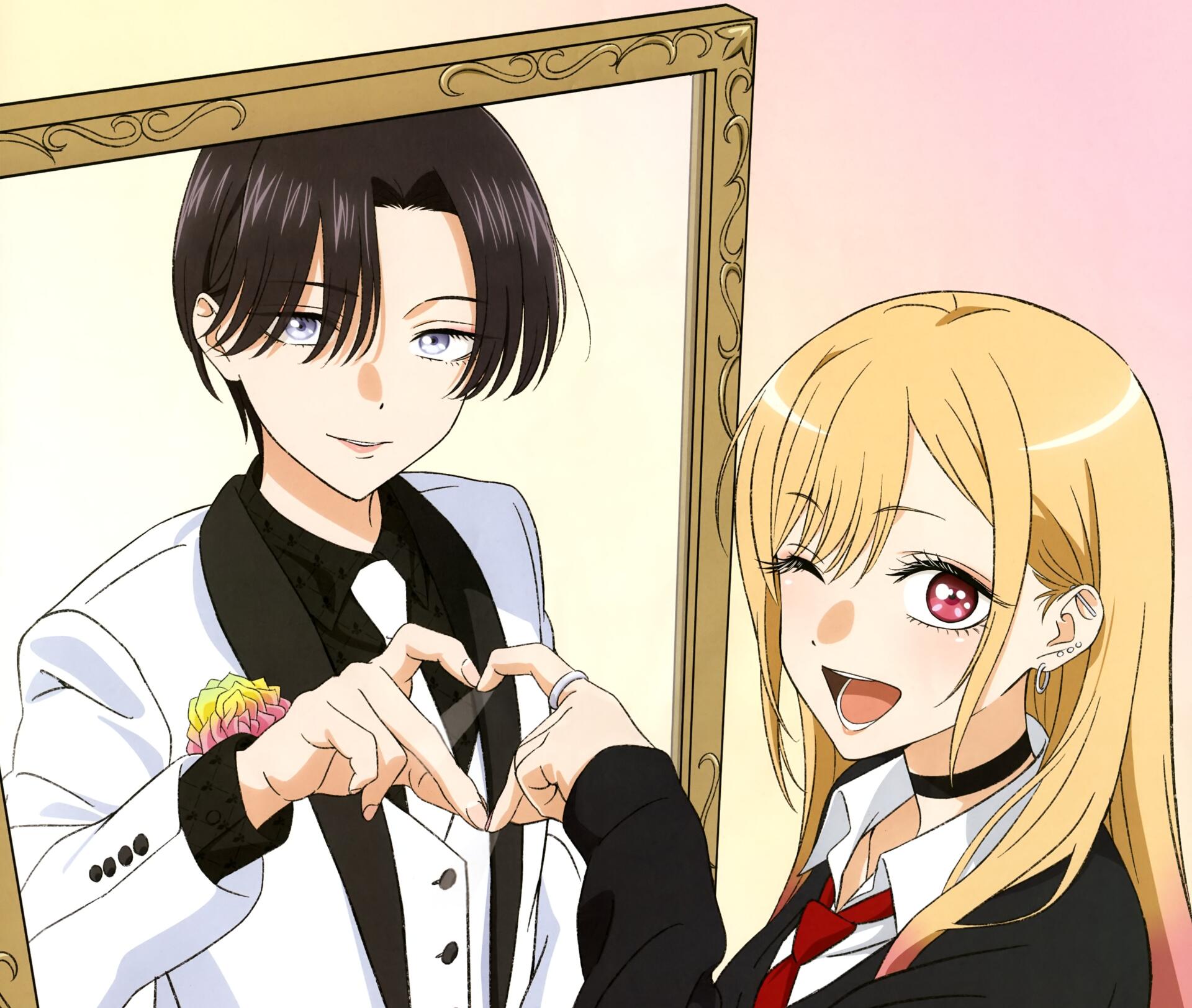 Anime 4K desktop wallpaper from My Dress-Up Darling: Marin Kitagawa winks beside a dark-haired young man in a white suit as they make a heart with their hands.