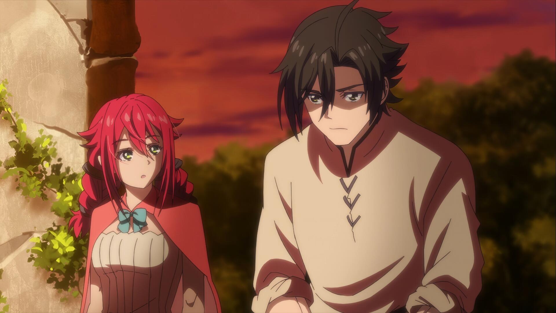 HD PC desktop wallpaper from the anime Tsuyokute New Saga showing a red-haired heroine and a dark-haired hero standing by a stone pillar as the sun sets.