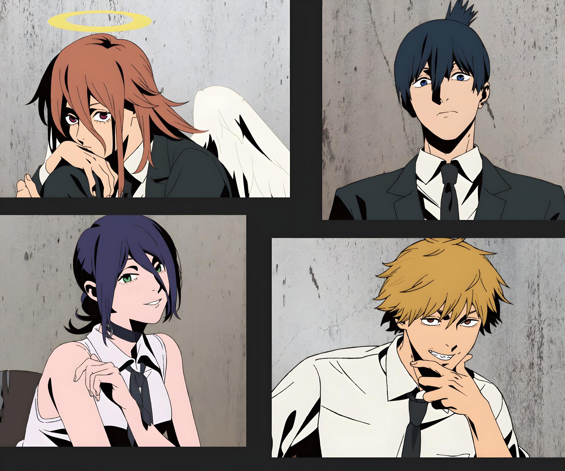 4K Ultra HD PC wallpaper: Chainsaw Man anime-style four-panel portraits—red-haired with wings, stoic dark-haired, purple-haired woman, and grinning blonde in suits.