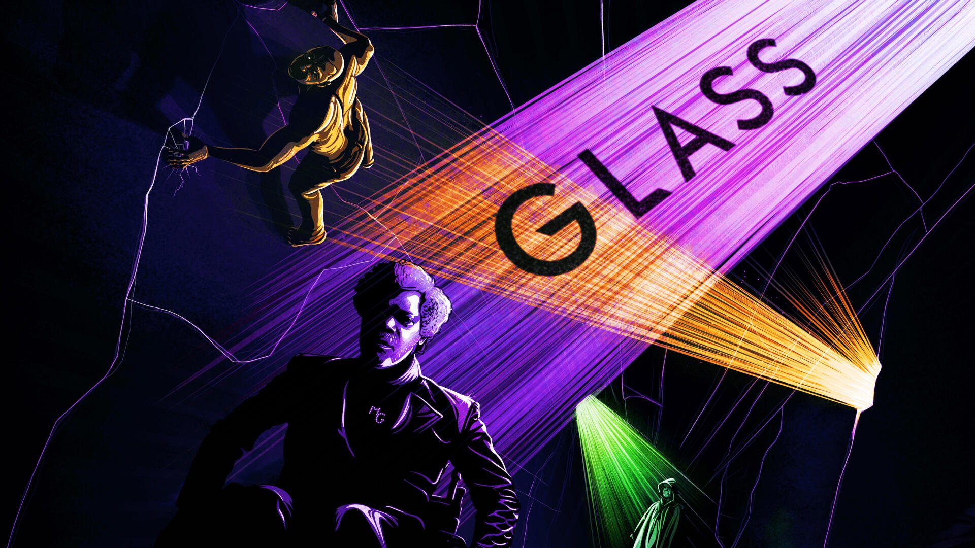 HD PC desktop wallpaper for Glass (Movie): neon purple, gold and green beams cut across a dark, webbed background, the word GLASS in light and two silhouetted figures in cinematic poses.