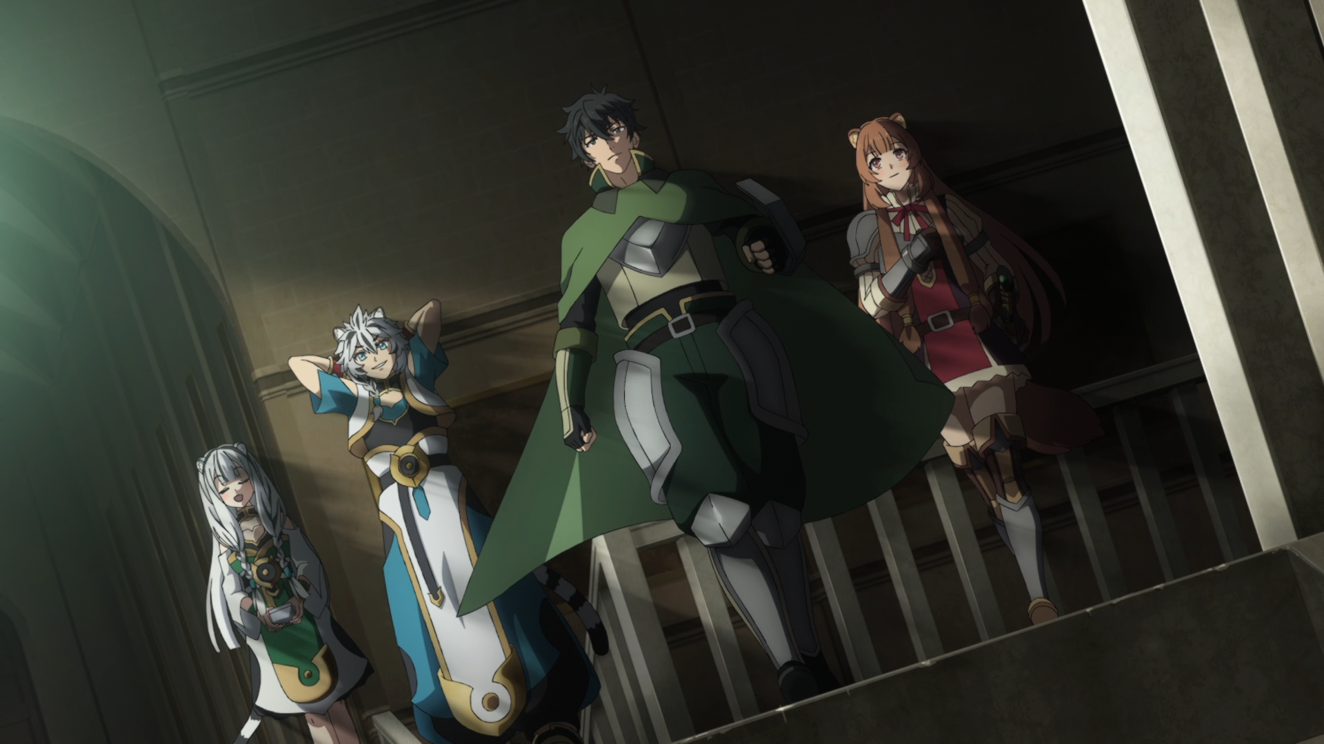 Anime HD PC desktop wallpaper of The Rising of the Shield Hero: Naofumi with Raphtalia, Filo and Melty standing on a balcony, poised in dramatic shadowed light.