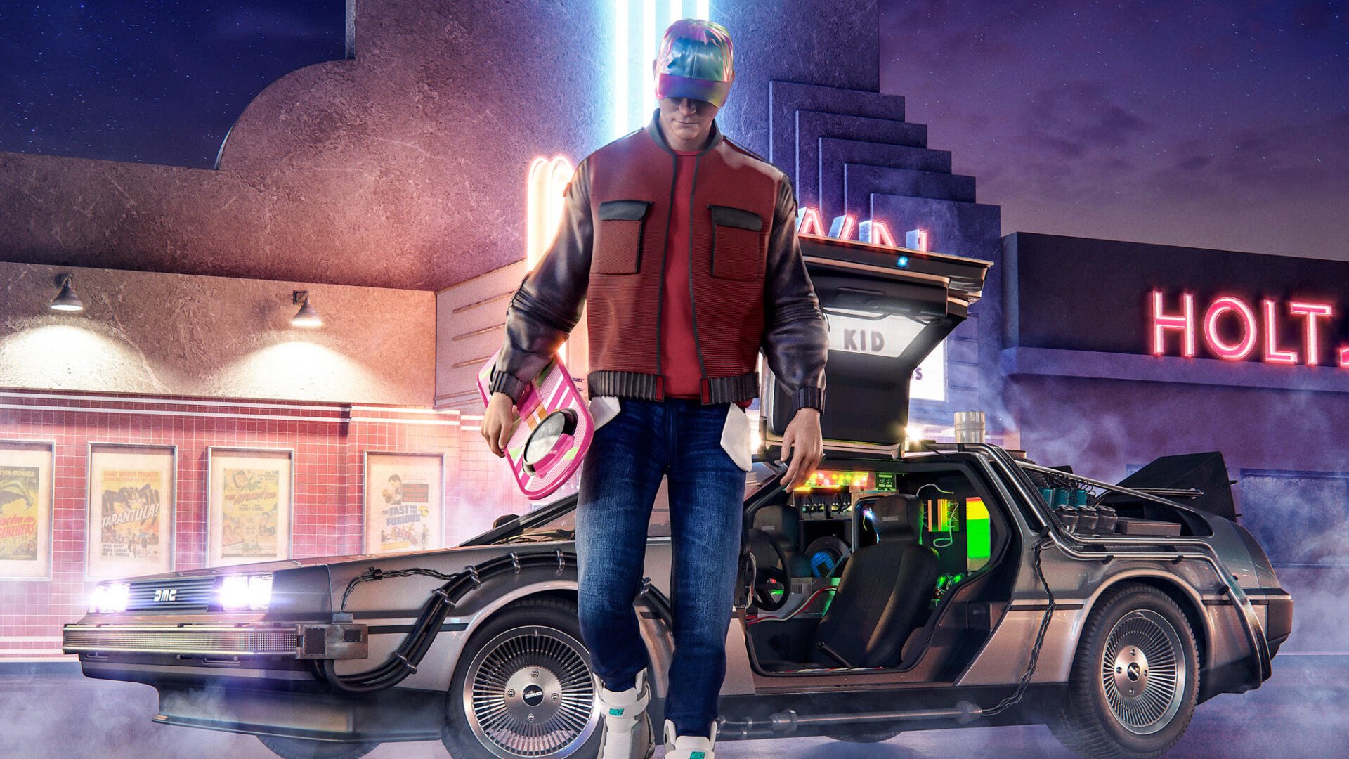 Back To The Future Part II HD PC desktop wallpaper/background: a man in a red puffer vest and visor stands beside an open-gullwing DeLorean under neon city lights.