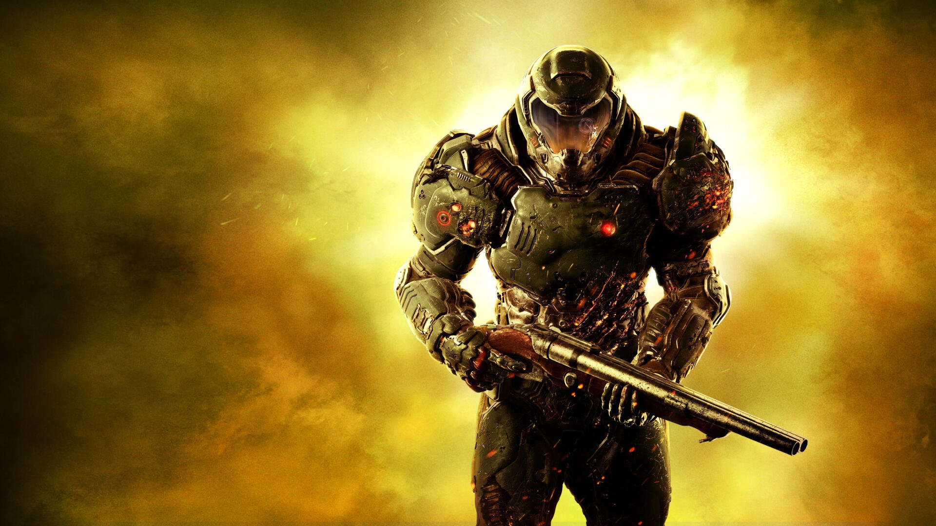 4K Ultra HD Doom (2016) PC wallpaper: armored Doom Slayer holding a shotgun amid a glowing yellow-orange smoky inferno.