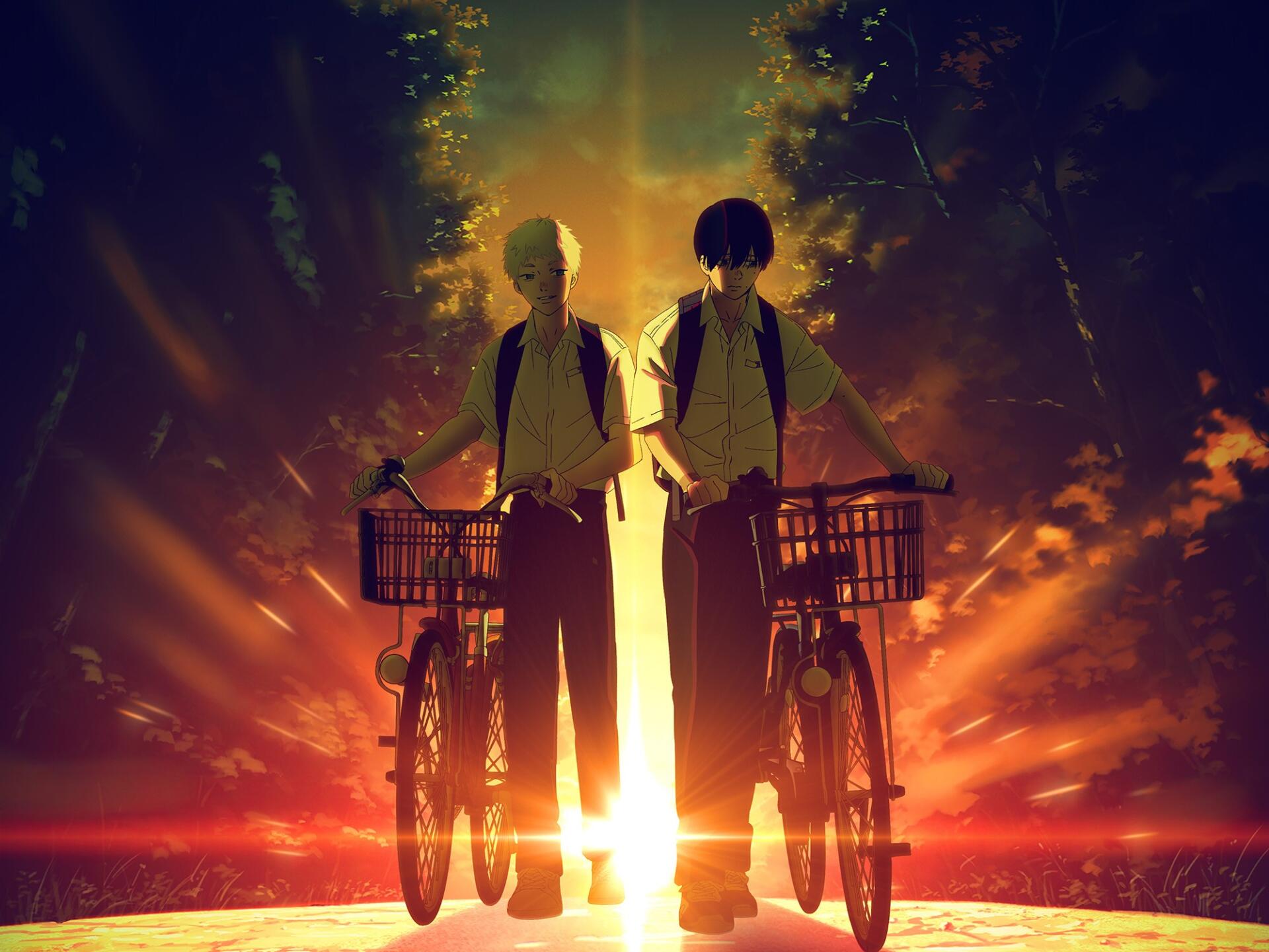 Anime HD PC desktop wallpaper from The Summer Hikaru Died: Indou Hikaru and Tsujinaka Yoshiki stand with their bicycles against a dramatic, fiery sunset.