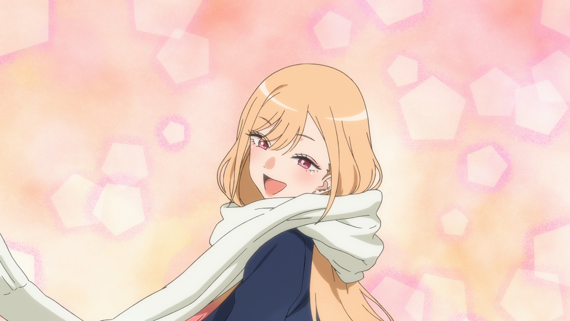 HD PC desktop wallpaper of Marin Kitagawa from My Dress-Up Darling, smiling with long blonde hair and a white scarf against a soft pink bokeh background.