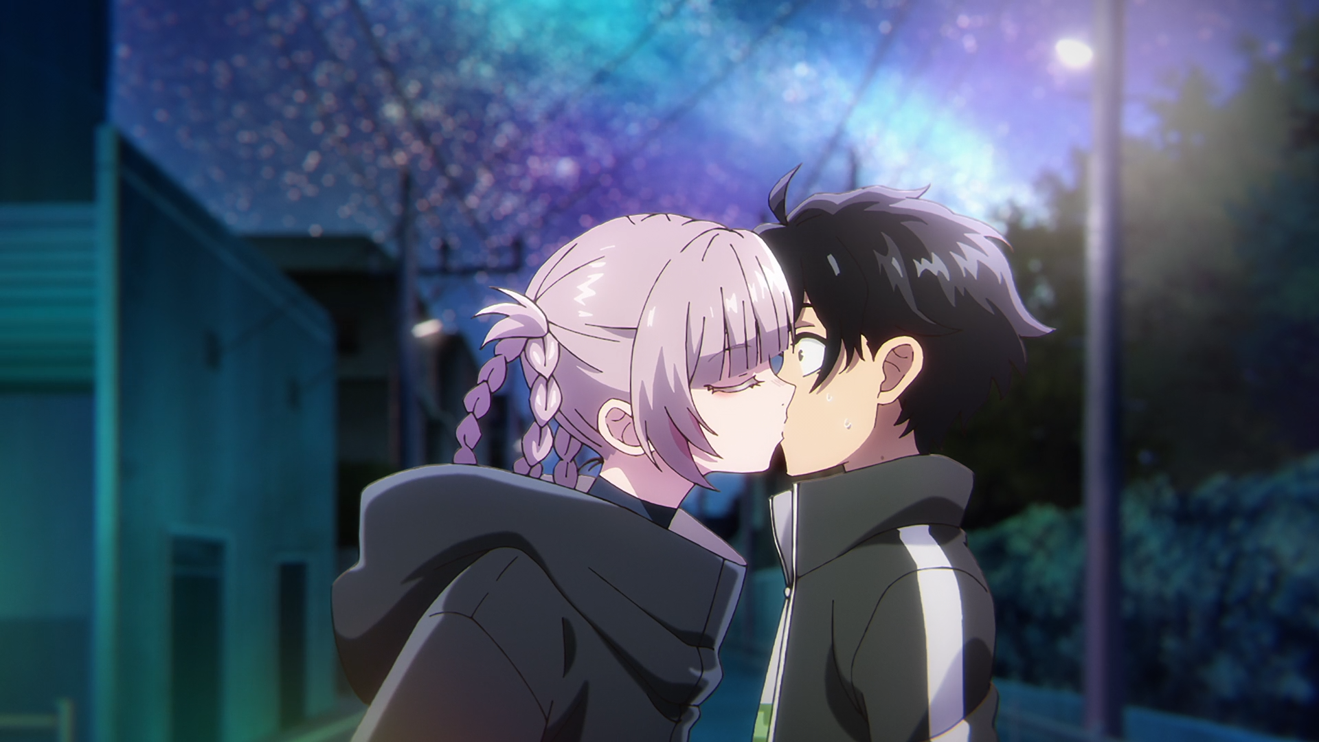 Anime HD PC desktop wallpaper: Nazuna Nanakusa kisses Kou Yamori under glowing streetlights and a starry night from Call of the Night.