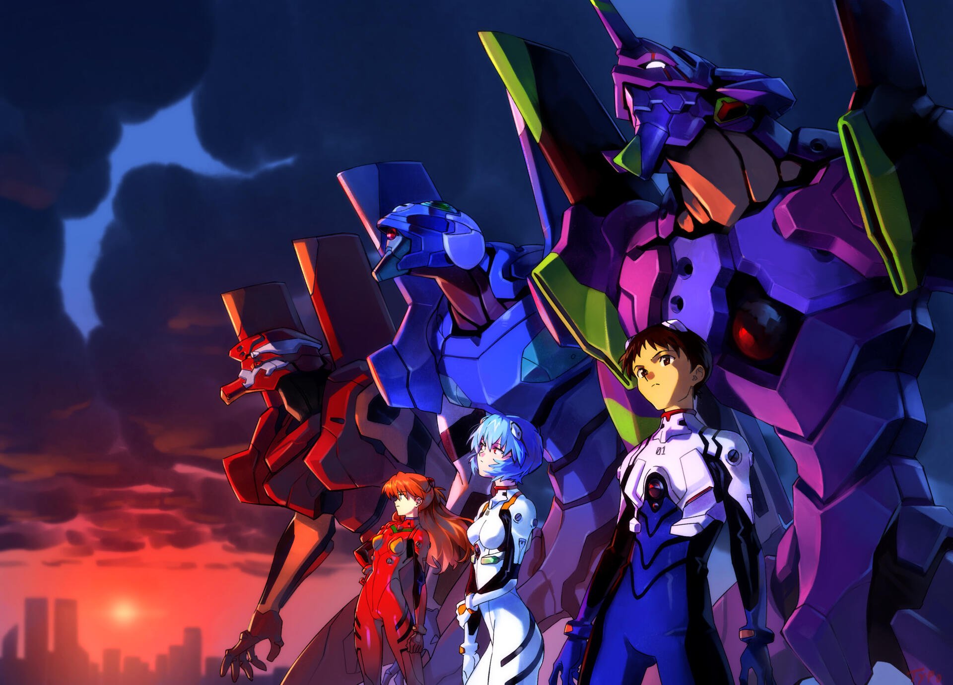 4K Ultra HD PC desktop wallpaper: Evangelion 03 — three EVA units and their pilots stand at sunset, vivid purple, red and blue mechs framed against a dramatic, glowing sky.
