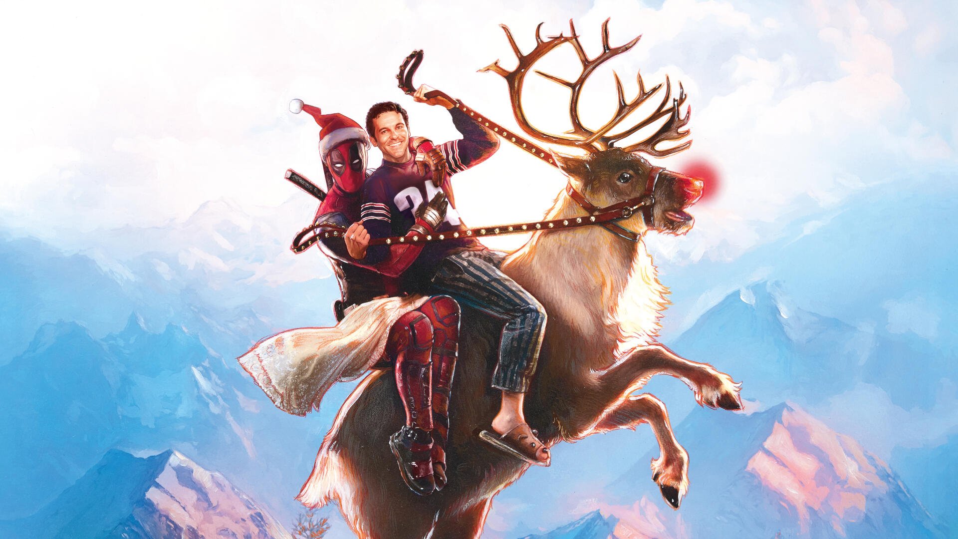 Deadpool 2 4K Ultra HD PC desktop wallpaper: Deadpool in his red suit and a smiling man ride a glowing reindeer above snowy mountains under a pastel sky.