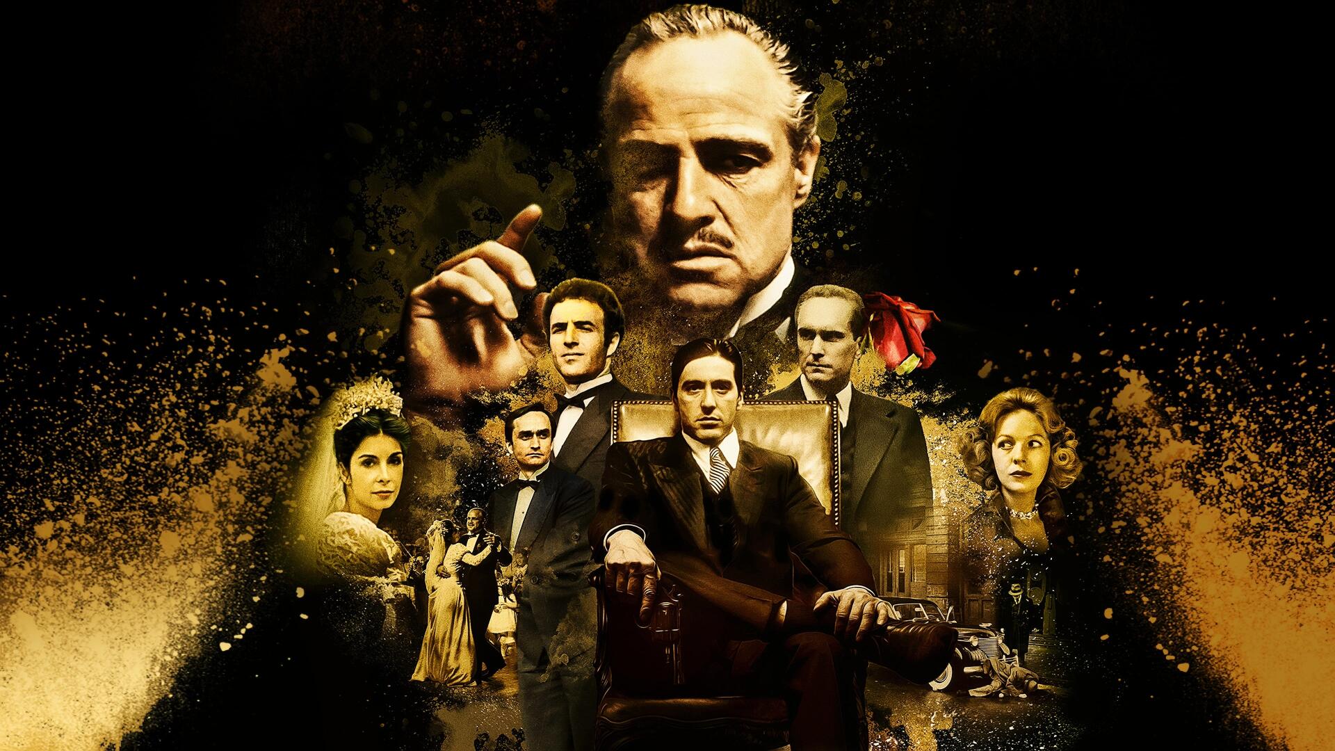 The Godfather 4K Ultra HD PC desktop wallpaper and background: dramatic sepia-toned collage of a stern mafia don flanked by serious family members in formal attire.