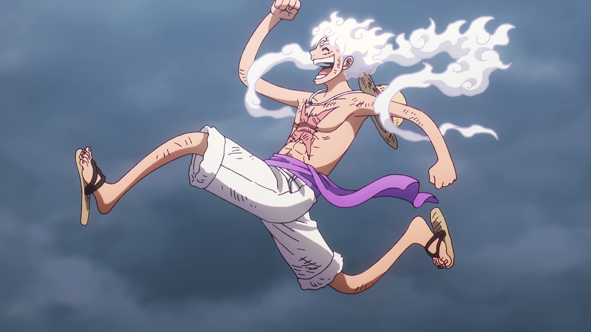 Anime HD desktop wallpaper of One Piece's Monkey D. Luffy in Gear 5, grinning as his limbs stretch mid-air against a stormy sky background.