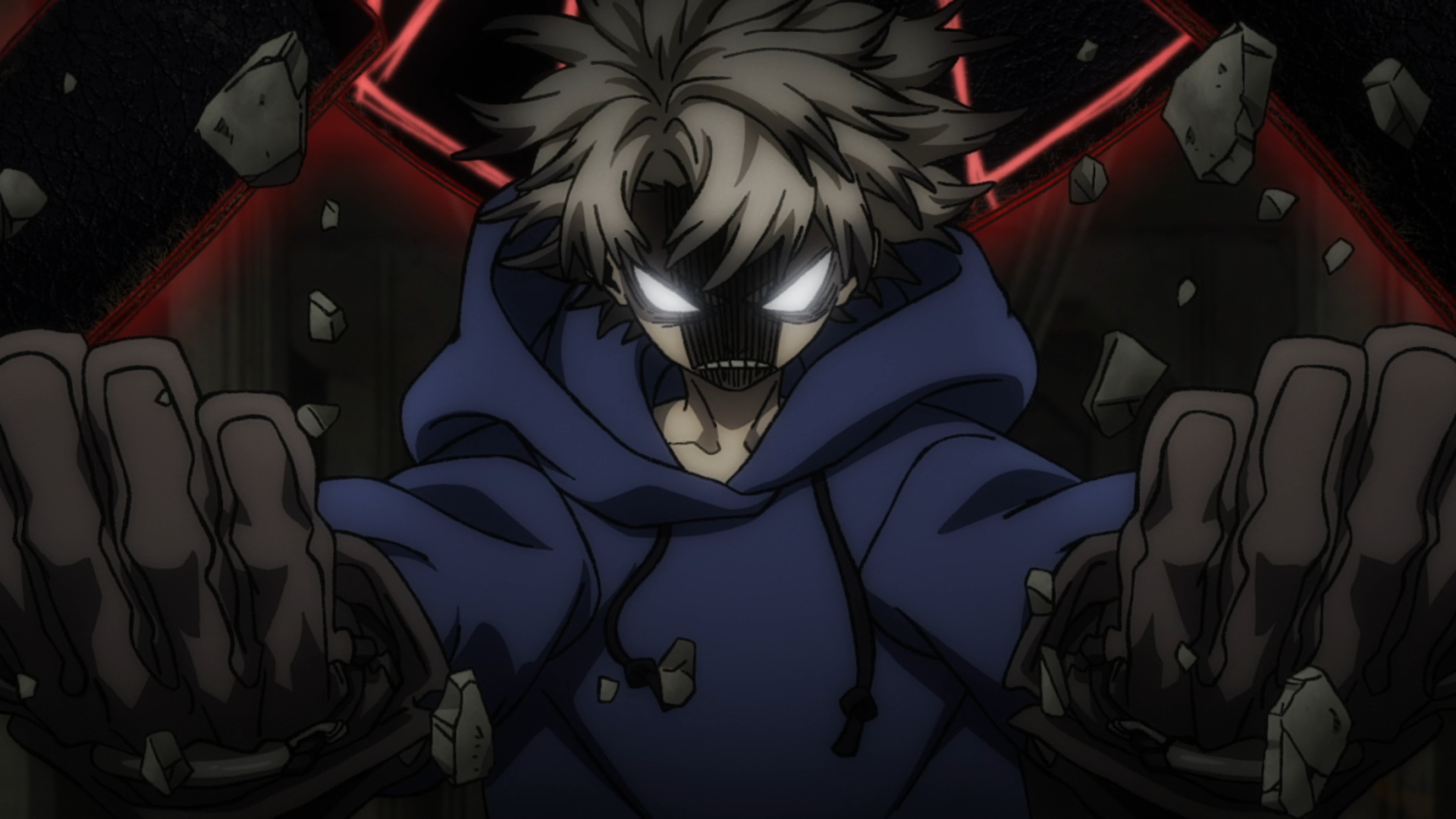 Anime HD PC desktop wallpaper: Gachiakuta's Rudo Surebrec — screaming hooded figure with pale glowing eyes, outstretched hands, shattered debris and ominous red machinery behind.