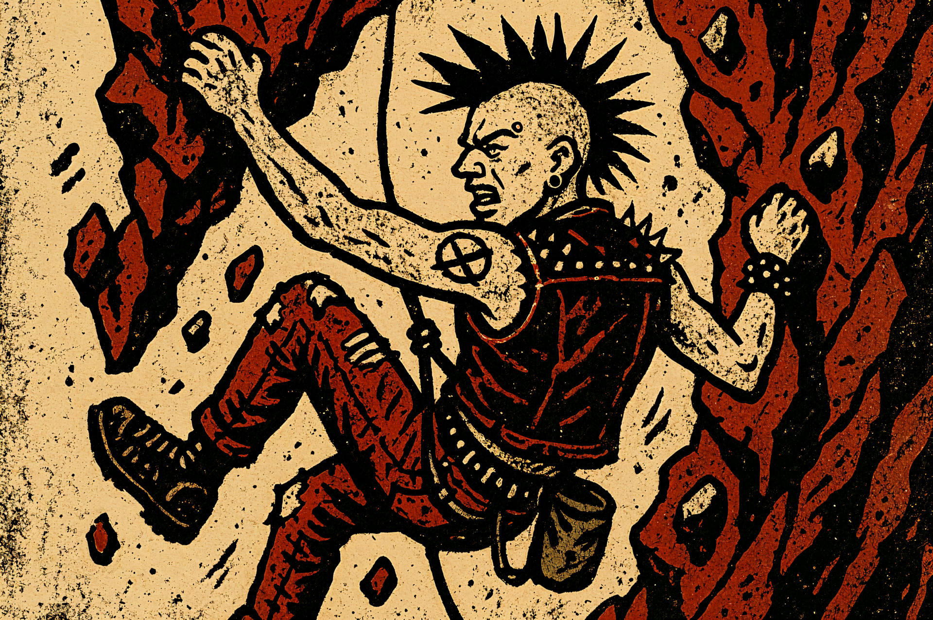 Gritty illustration of a mohawked punk climber scaling a jagged red rock face, bold ink textures and spiked gear — 4K Ultra HD PC desktop wallpaper/background.