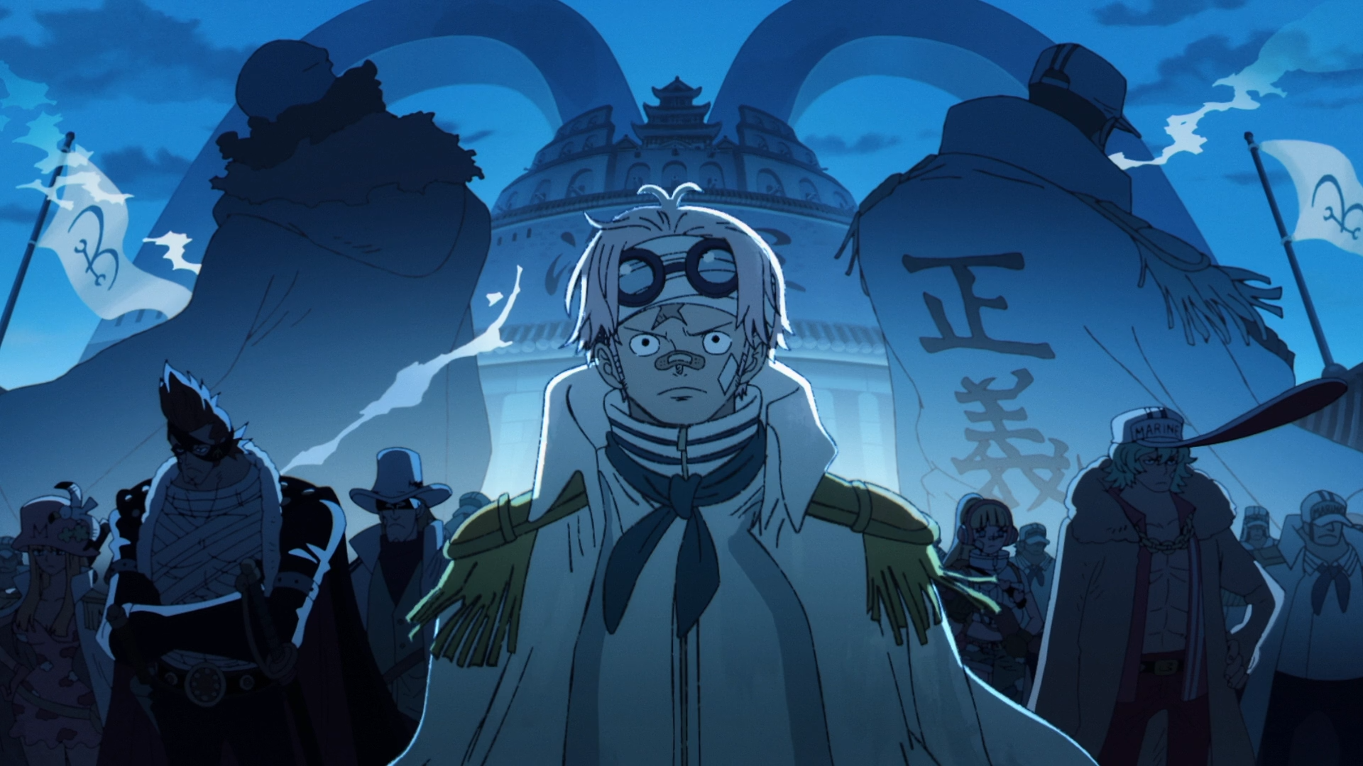 HD anime desktop wallpaper: Koby from One Piece stands solemn in Marine uniform under blue light, framed by towering armored silhouettes, banners and a stormy sky.
