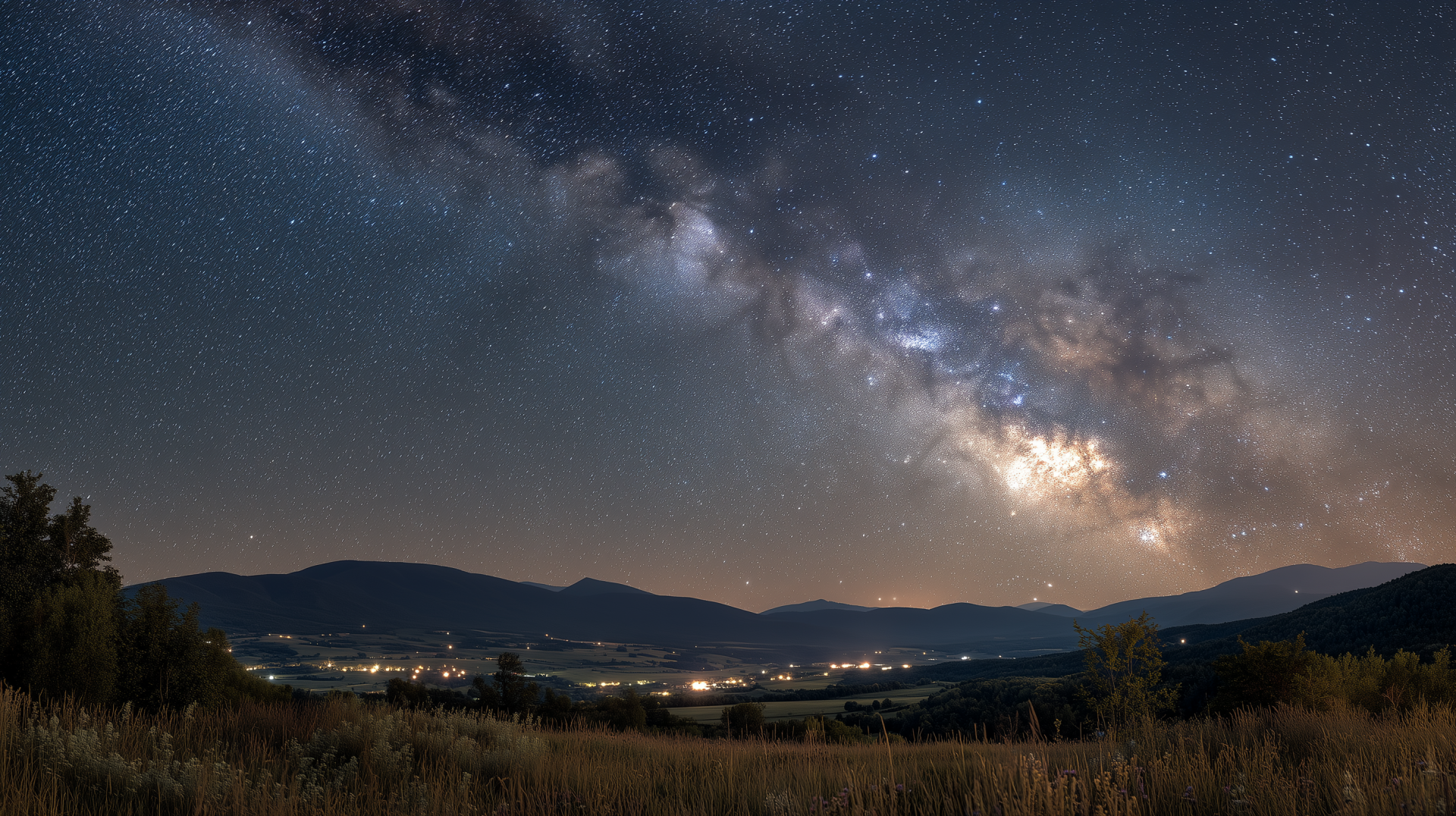 HD PC desktop wallpaper: Milky Way and stars blaze across a clear night sky over a quiet valley — nature stargazing scene.
