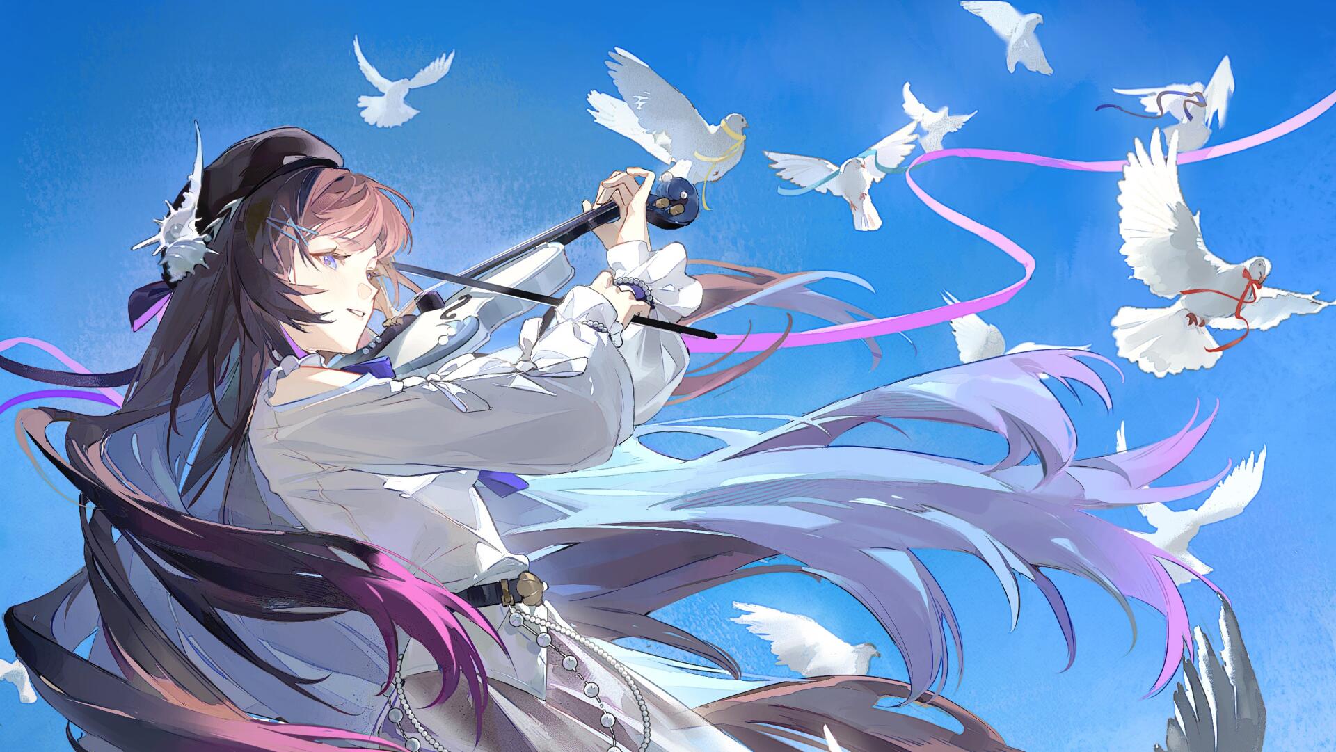 Video game HD PC wallpaper: Hysilens from Honkai: Star Rail plays a flute as white pigeons circle under a bright blue sky, ribbons and flowing hair creating a serene, airy scene.