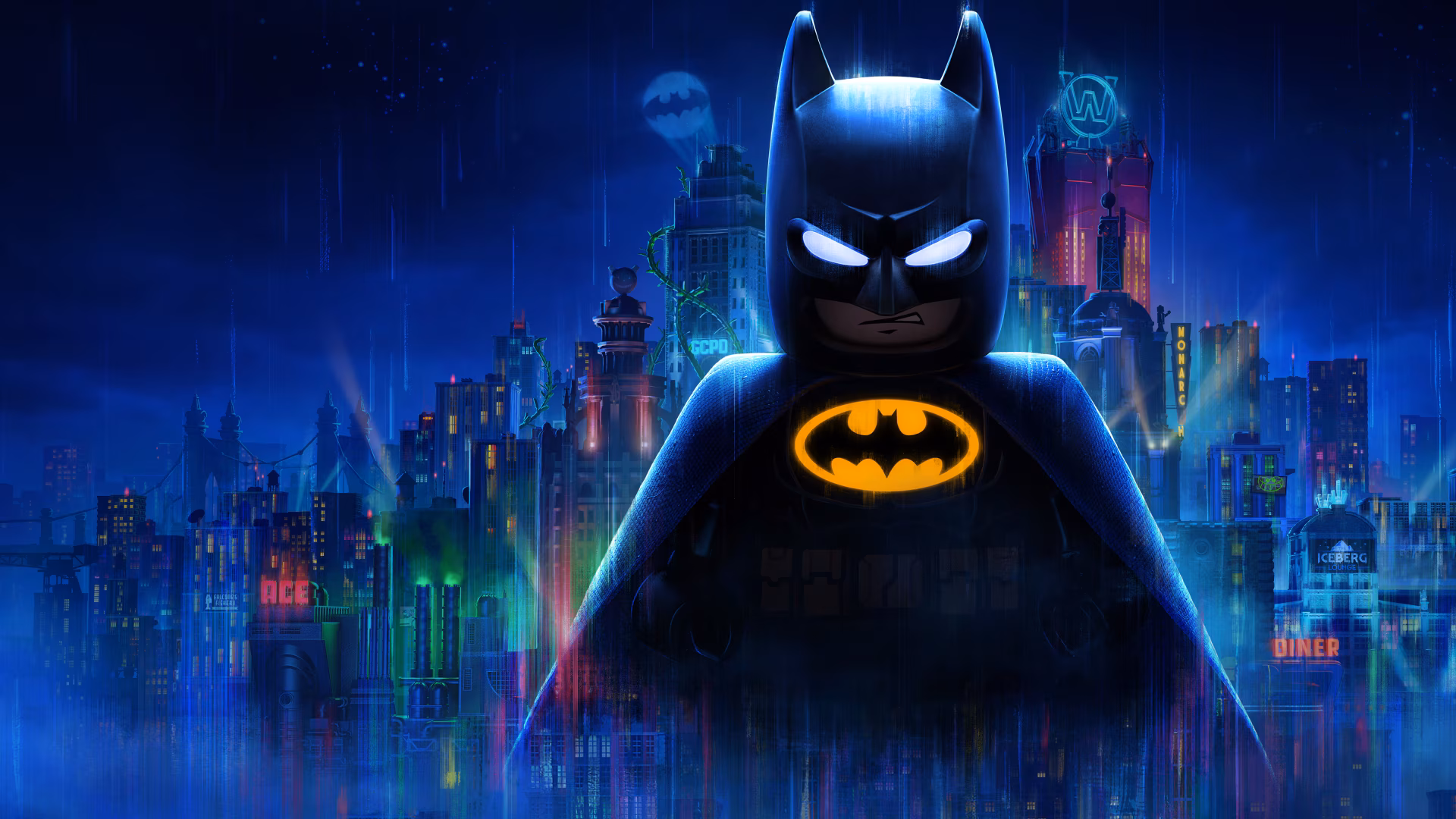 4K Ultra HD PC wallpaper of LEGO Batman from the video game Lego Batman: Legacy of the Dark Knight looming over a neon-lit Gotham City skyline.