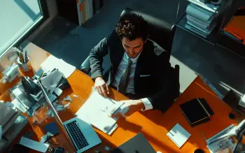 A man sits at a cluttered desk in a modern office, engaged in paperwork, surrounded by a laptop and various documents, capturing the essence of a 9 to 5 job in this 4K Ultra HD wallpaper.