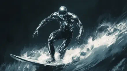 A striking HD desktop wallpaper featuring the Silver Surfer, depicted in a dynamic pose while surfing on vibrant waves, embodying energy and motion in a comic art style.