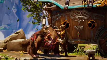 A captivating 4K Ultra HD wallpaper from the video game Eternal Strands, featuring a character interacting with a bear near a richly detailed wooden structure.