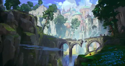 A vibrant fantasy landscape from the video game Eternal Strands, featuring a majestic bridge, lush greenery, and a distant, enchanting city under a bright sky. HD PC wallpaper and background.