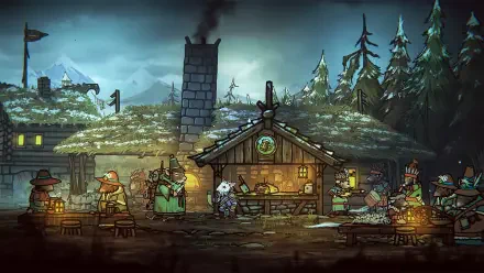 A atmospheric scene from Tails of Iron 2: Whiskers of Winter, depicting a cozy town amidst snowy mountains, where characters engage in activities around a rustic cabin.