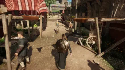 HD PC desktop wallpaper from the video game The Quinfall, showing a medieval market street scene with characters walking among wooden stalls and buildings.