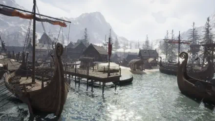 A scenic HD wallpaper from the video game The Quinfall, showcasing a snowy harbor with Viking ships and mountain vistas, evoking a rich, immersive gaming experience.