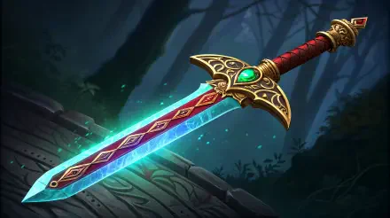 A legendary sword with intricate designs and a glowing blade rests on a stone surface, surrounded by a mystical forest backdrop in stunning 4K Ultra HD.