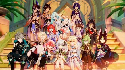 4K Ultra HD PC desktop wallpaper: group portrait of Genshin Impact characters from Sumeru—Nahida, Nilou, Faruzan and others—posed on sunlit steps in a lush, ornate setting.