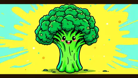 A vibrant, cartoon-style broccoli character stands against a bright yellow background, featuring a cheerful expression and playful design, perfect for a 4K Ultra HD desktop wallpaper.