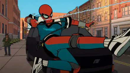 Image of Spider-Man from the TV show Your Friendly Neighborhood Spider-Man, swinging through the city in a dynamic pose, set against a vibrant urban backdrop. 4K Ultra HD desktop wallpaper.