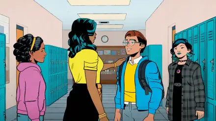 An animated scene from Your Friendly Neighborhood Spider-Man, featuring four diverse characters interacting in a colorful school hallway. A vibrant 4K Ultra HD wallpaper.