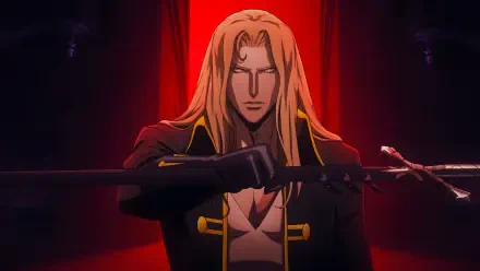 Alucard from Castlevania stands confidently with a sword, set against a striking red background. This 4K Ultra HD wallpaper captures the essence of the anime.
