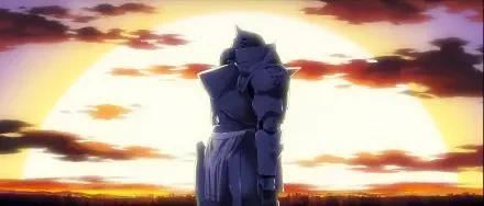 A striking HD wallpaper featuring Alphonse Elric from Fullmetal Alchemist, standing against a vibrant sunset, capturing the essence of this beloved anime character.