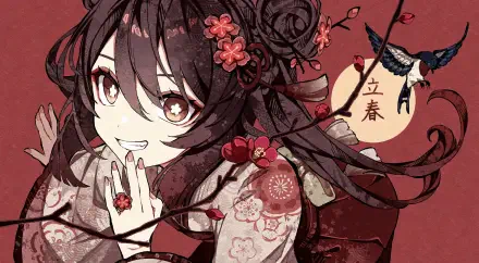 HD PC desktop wallpaper featuring Hu Tao from the video game Genshin Impact, with intricate floral details and a warm red background.