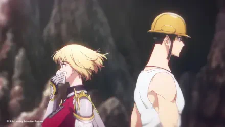 HD Anime desktop wallpaper featuring Cha Hae-in from Solo Leveling, standing back-to-back with a construction worker in a dark, rocky environment.