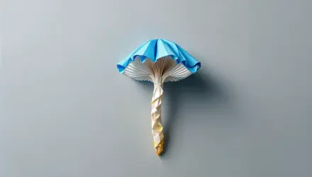 A creative blue origami mushroom with detailed gills and a twisted stem, designed as a 4K Ultra HD PC desktop wallpaper background.